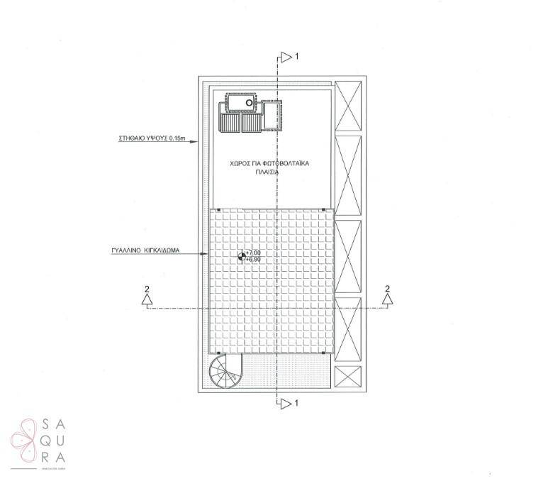 Grundriss der Dachebene mit Photovoltaikanlage und Glasgeländer für die Dachterrasse.