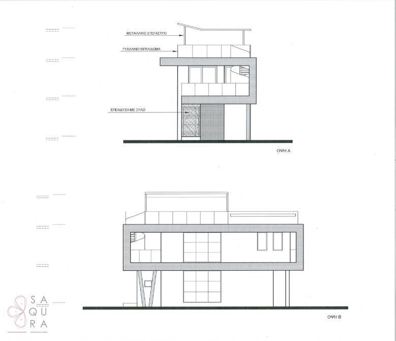 Architektonische Ansichten der Villa von zwei verschiedenen Seiten.
