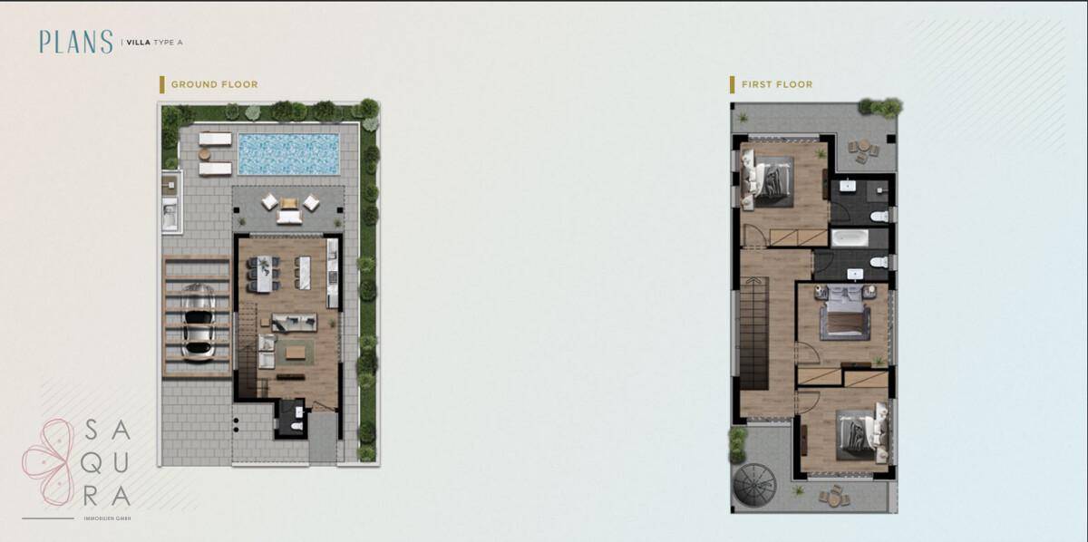 Grundrisspläne für Erdgeschoss und ersten Stock einer Villa mit Pool und drei Schlafzimmern.