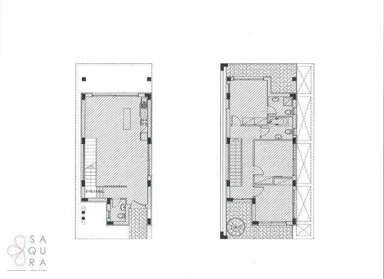 Grundrisspläne für Erdgeschoss und ersten Stock einer Villa mit Pool und drei Schlafzimmern.