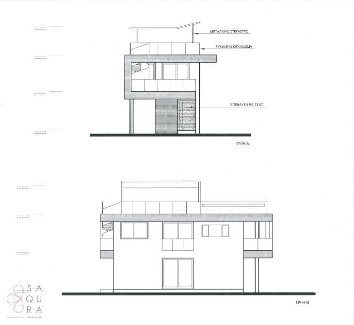 Seitenansichten der Villa mit moderner Architektur und verschiedenen Fassadenelementen.