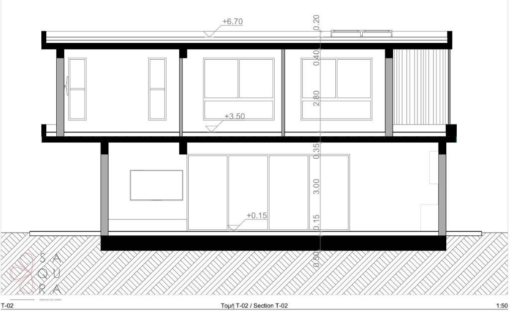 Schnittansicht des Gebäudes mit Fensterpositionen und Geschosshöhen.