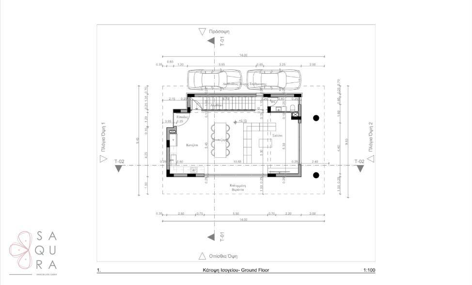 Detaillierter Grundriss des Erdgeschosses mit Maßen und Raumaufteilung.