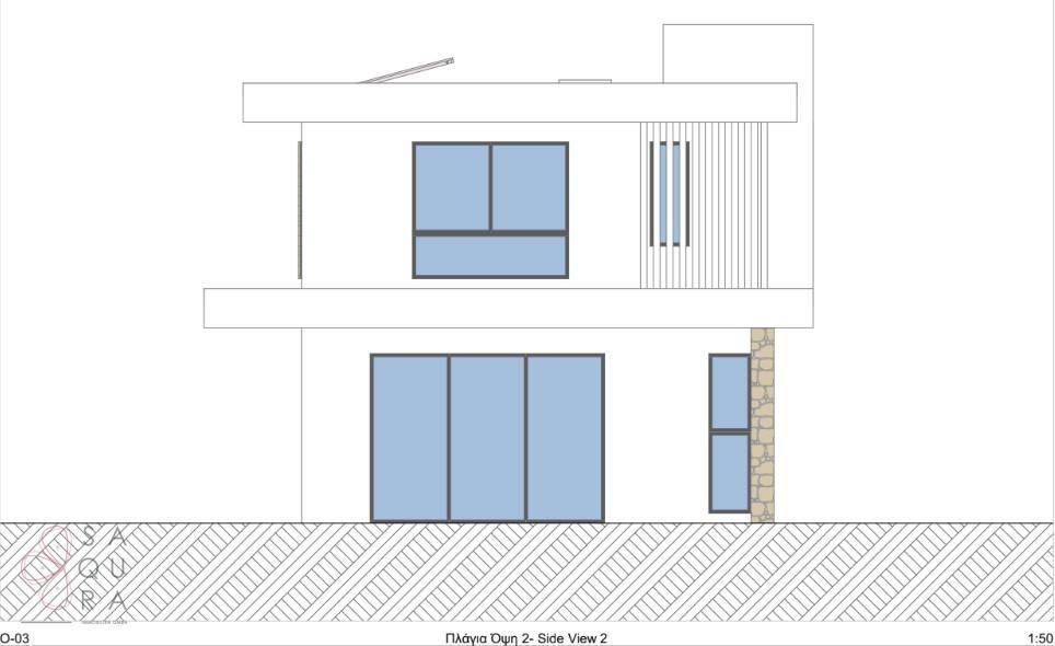 Seitenansicht der modernen Villa mit großen Fenstern und minimalistischem Design.