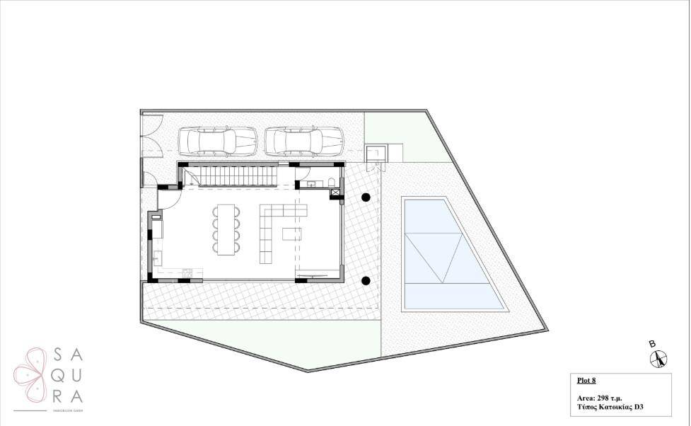 Grundriss des Erdgeschosses mit Wohnbereich, Essbereich, Küche und Pool im Außenbereich.