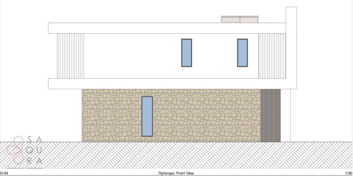 Vorderansicht der modernen Villa mit Steinverkleidung und vertikalen Fenstern.