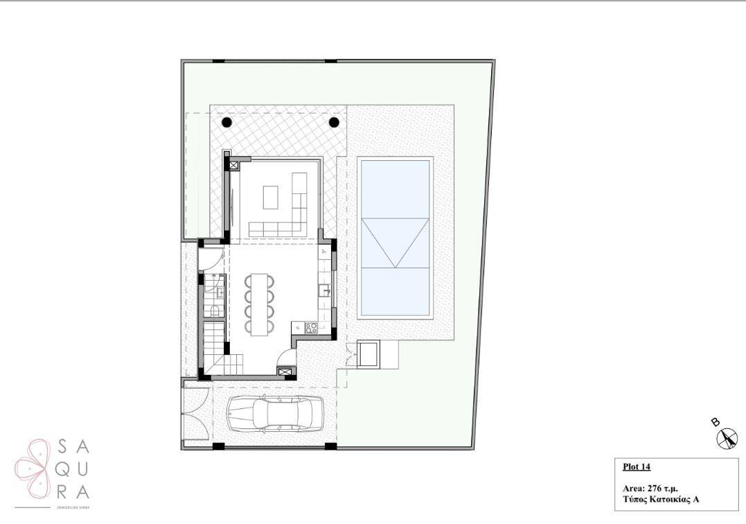 Grundriss des Grundstücks mit Haus, Pool und Parkplatz.