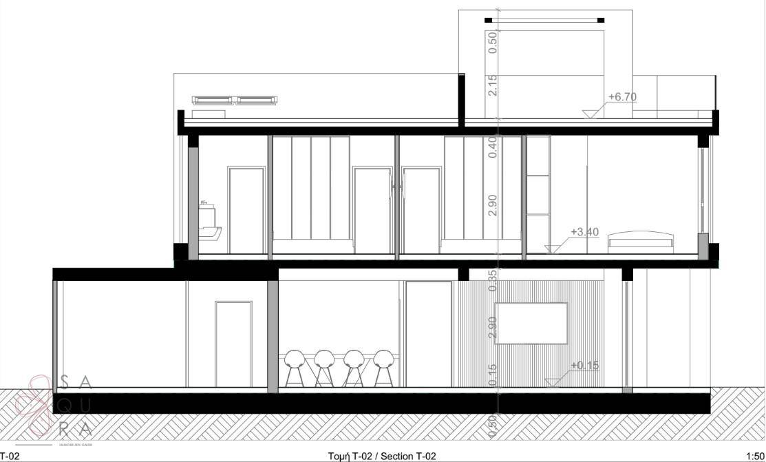 Schnittansicht T-02 zeigt die vertikale Struktur des Gebäudes mit Wohnbereichen und Dachterrasse.