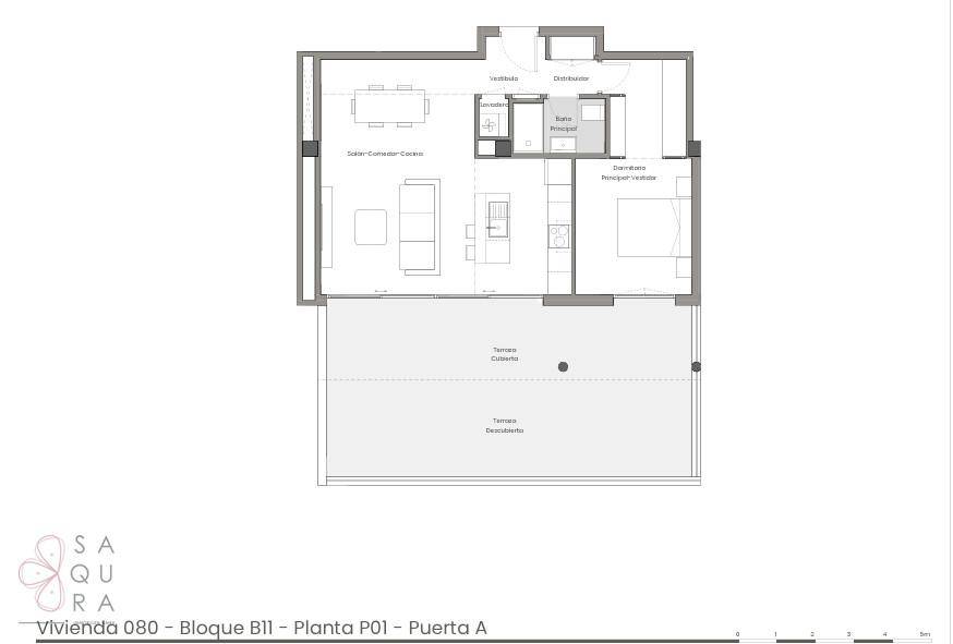 Grundriss einer Wohnung mit offenem Wohnbereich, Schlafzimmer und großer Terrasse.