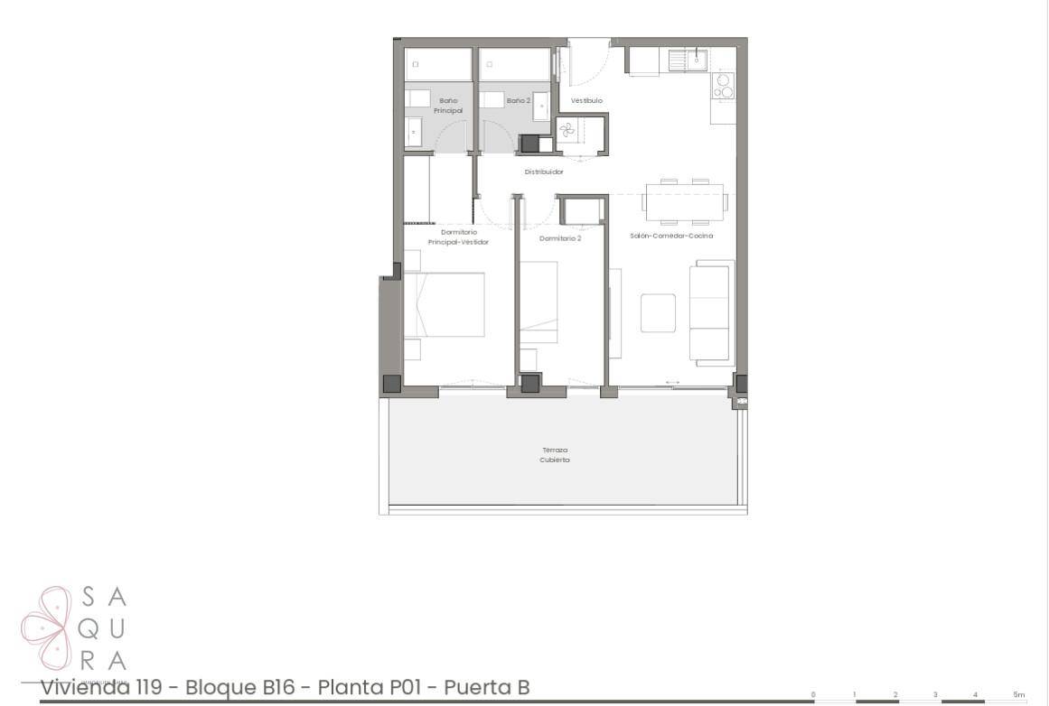Grundriss einer Wohnung mit zwei Schlafzimmern, offenem Wohnbereich und überdachter Terrasse.