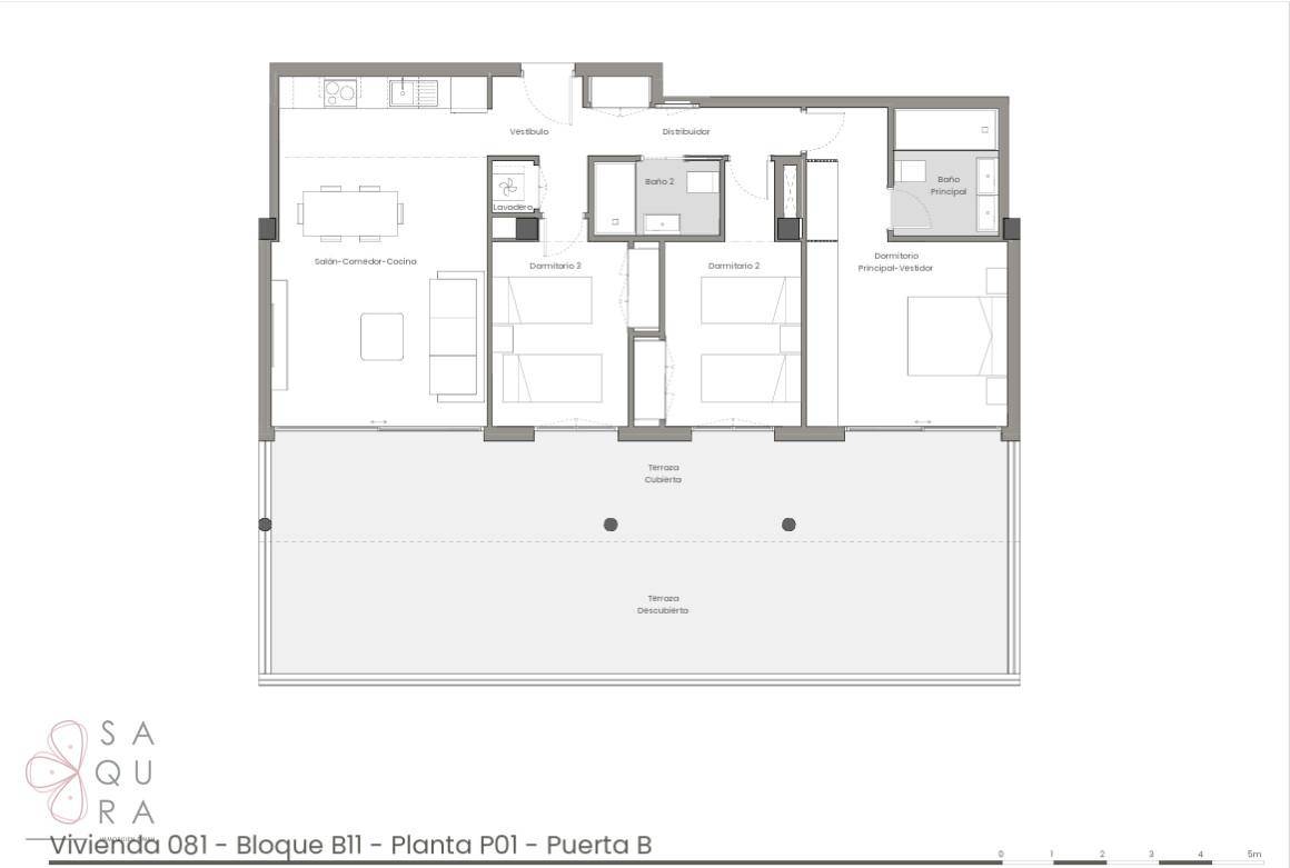 Grundriss einer Wohnung mit drei Schlafzimmern, zwei Bädern und großer Terrasse.
