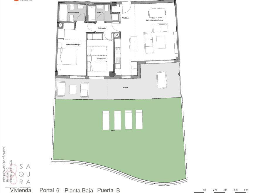 Grundriss einer Wohnung mit drei Schlafzimmern, zwei Bädern und großem Gartenbereich.