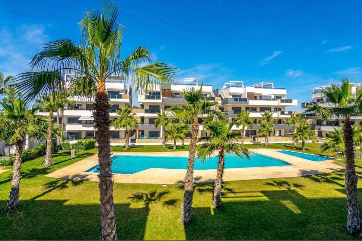 Panoramablick auf die moderne Wohnanlage mit großem Pool, Palmen und gepflegtem Rasen.