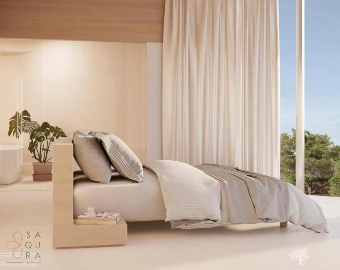 Minimalistisches Schlafzimmer mit großen Fenstern und hellem Holzdesign.