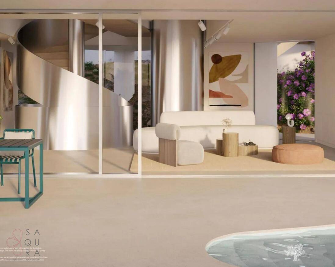 Geräumiges Wohnzimmer mit eleganter Wendeltreppe und direktem Zugang zum Poolbereich.