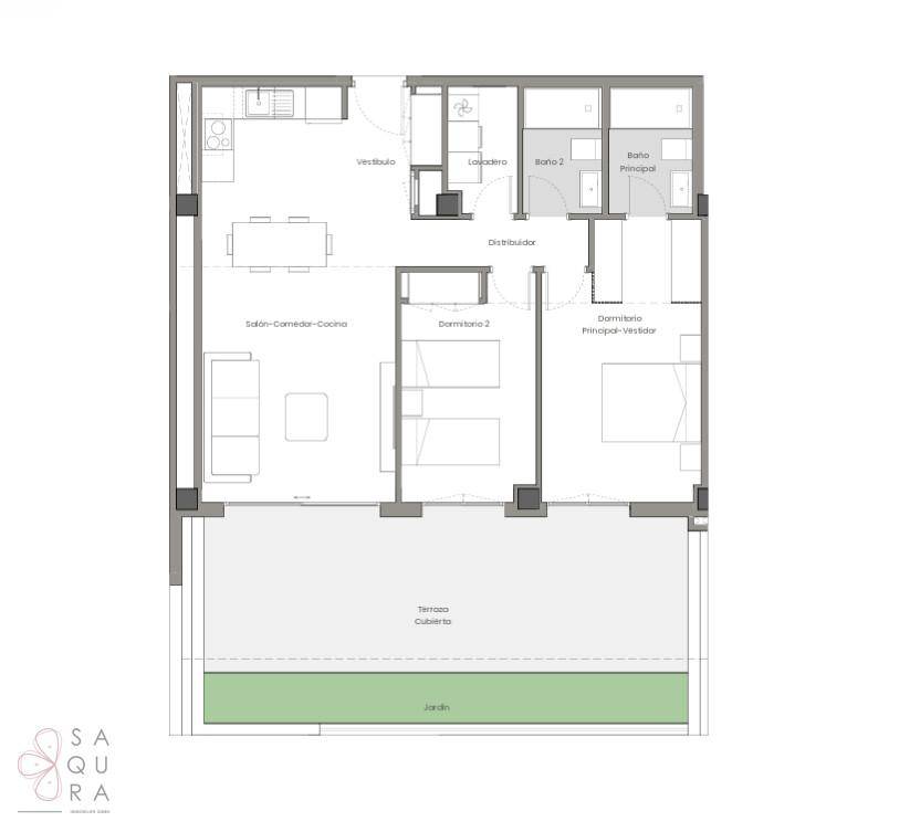Grundriss einer Wohnung mit drei Schlafzimmern, zwei Bädern und Terrasse mit Garten.