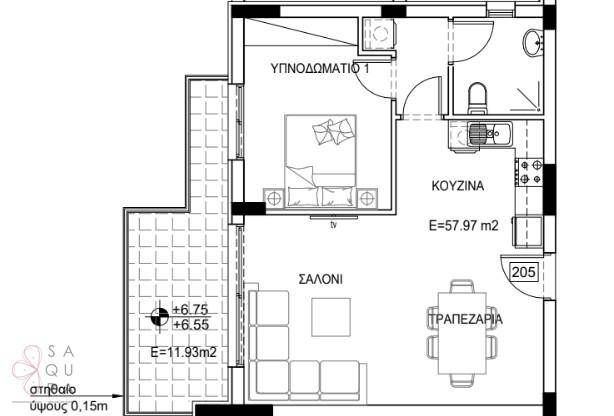 Grundriss einer Wohnung mit Schlafzimmer, Bad, Küche, Wohnzimmer und Terrasse.