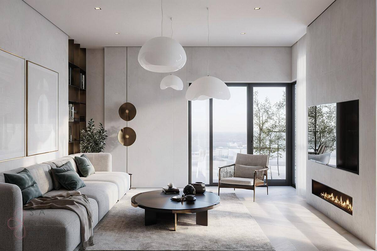 Elegantes Wohnzimmer mit modernem Kamin, großen Fenstern und stilvoller Einrichtung für eine gemütliche Atmosphäre.