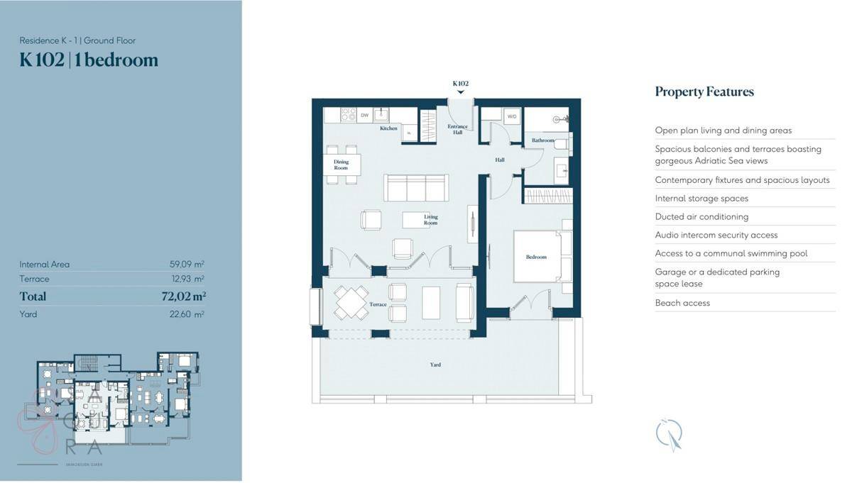Grundriss einer 1-Schlafzimmer-Wohnung mit Terrasse und offenem Wohnbereich.