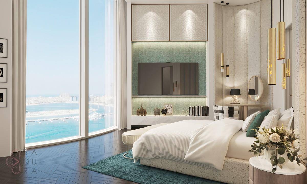 Elegantes Schlafzimmer mit raumhohen Fenstern, Meerblick und moderner, luxuriöser Einrichtung.