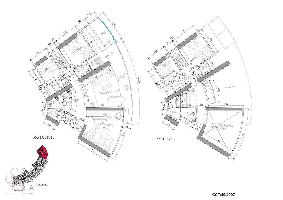 Grundriss einer Maisonette-Wohnung mit zwei Ebenen, Balkon und privatem Pool.