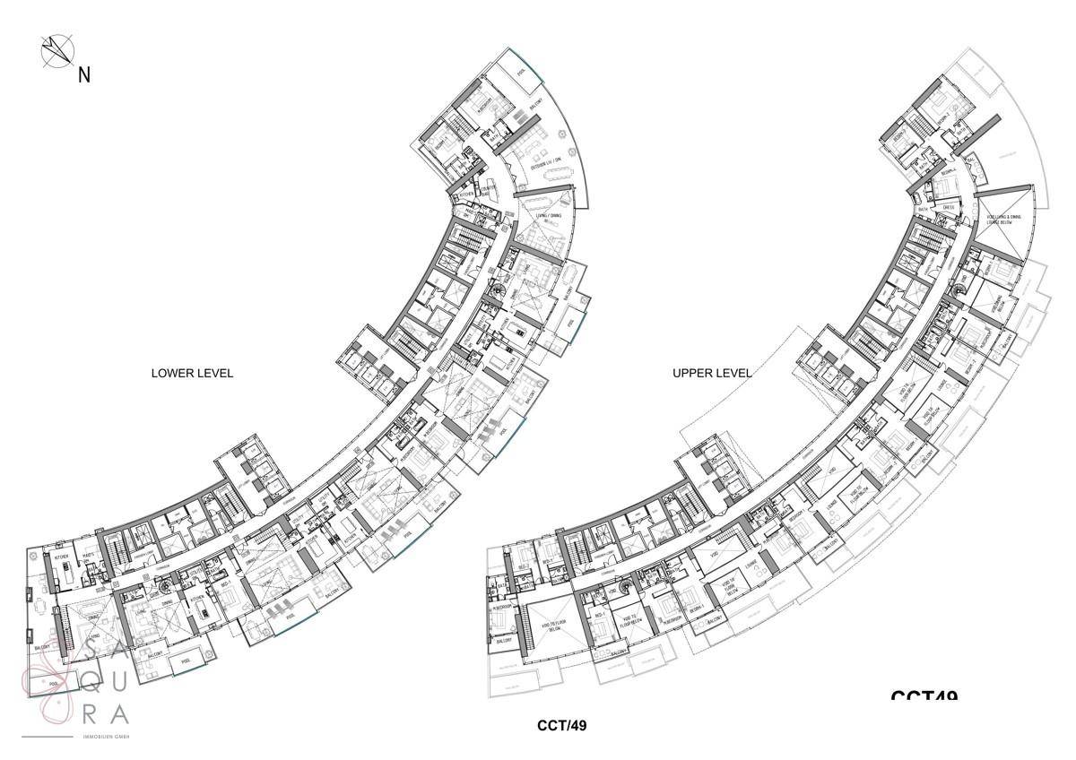 Grundriss einer Etage mit mehreren Wohneinheiten und unterschiedlichen Layouts.