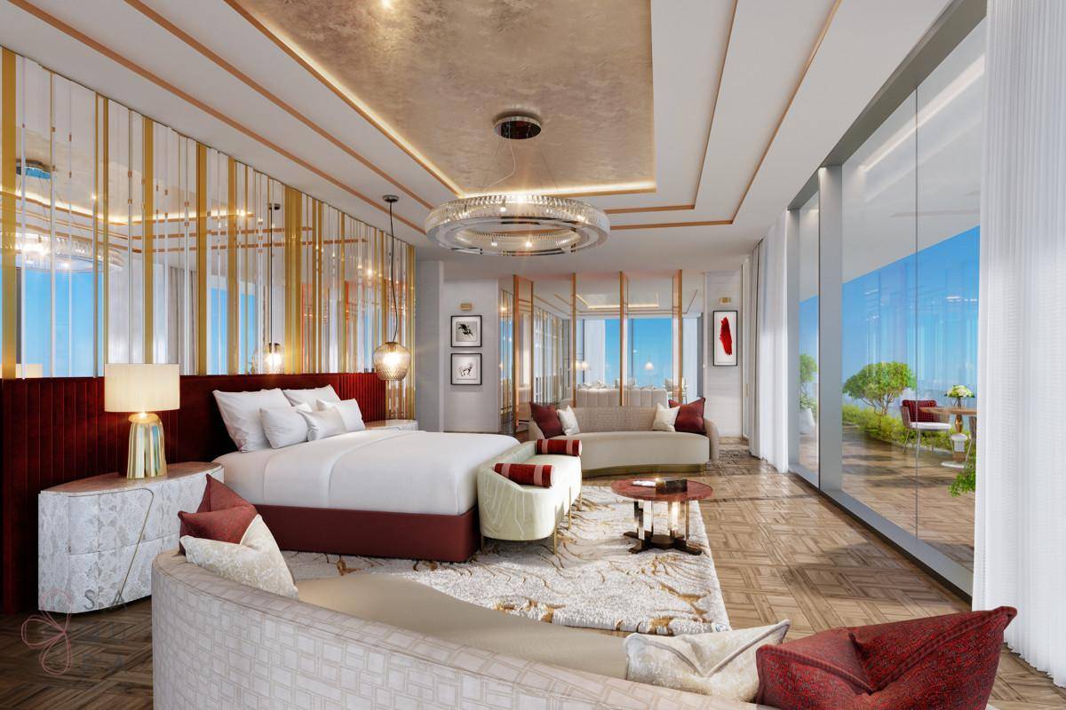 Elegantes Schlafzimmer mit luxuriöser Einrichtung, Parkettboden und Zugang zur Terrasse.