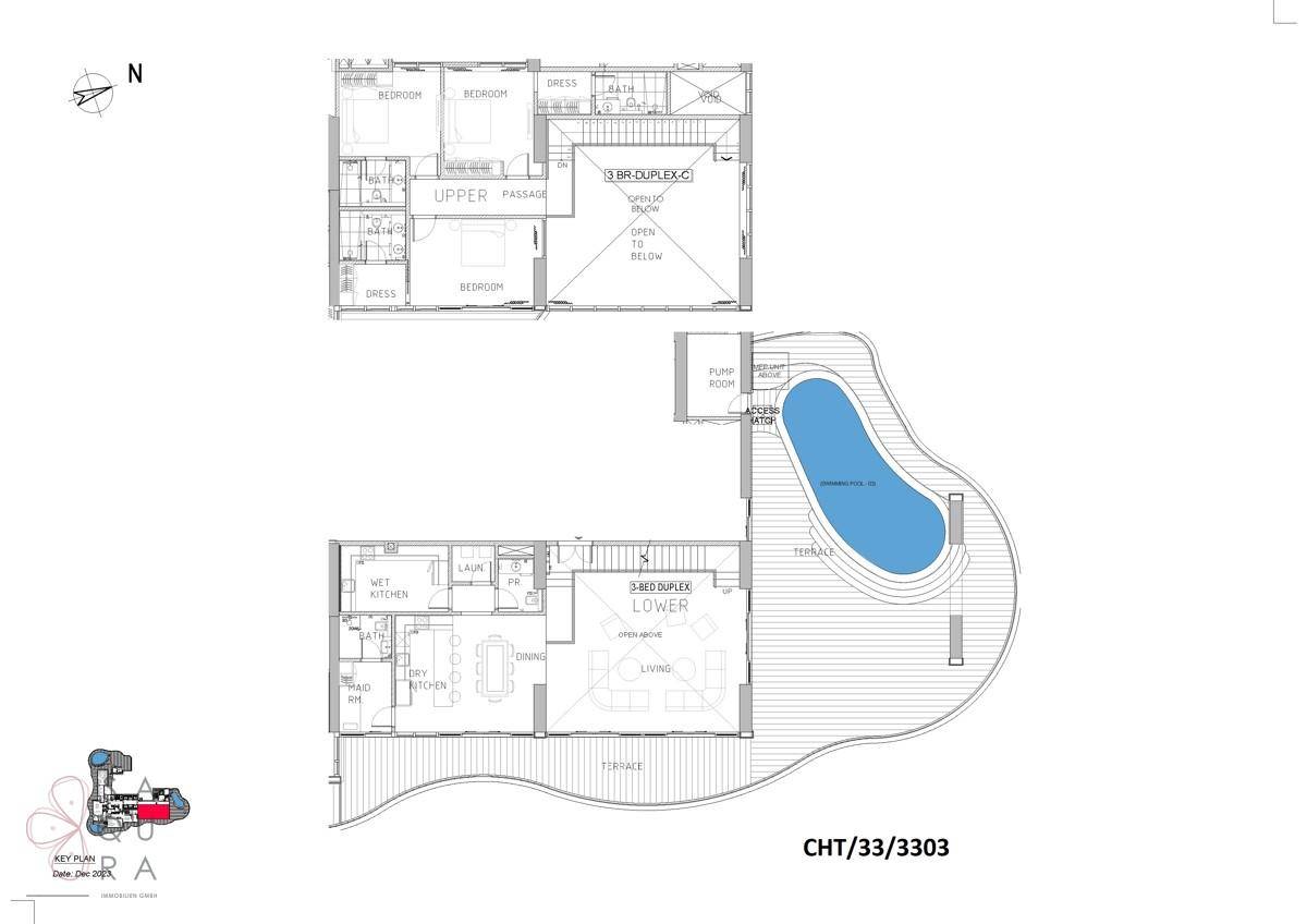 Grundriss einer 3-Zimmer-Maisonette-Wohnung mit Terrasse und privatem Pool.