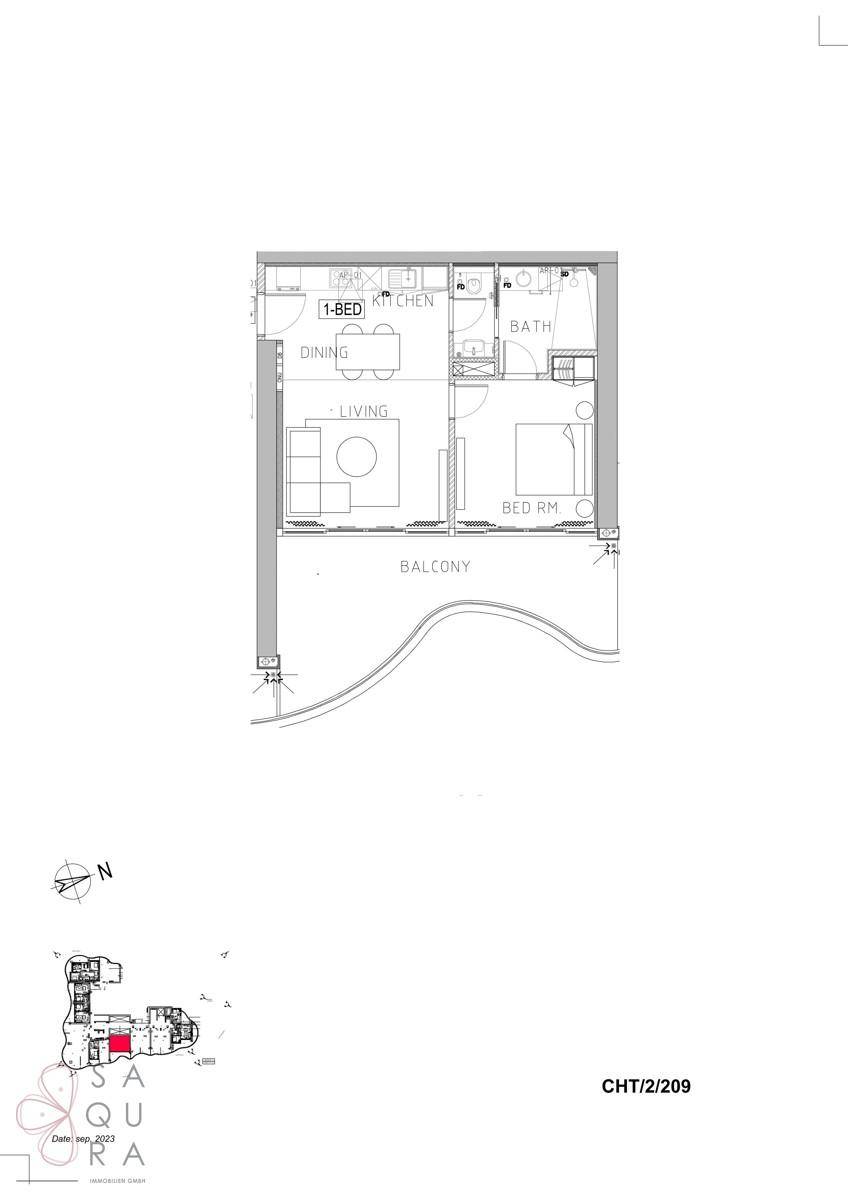 Grundriss einer 1-Zimmer-Wohnung mit offenem Wohnbereich, Bad und Balkon.