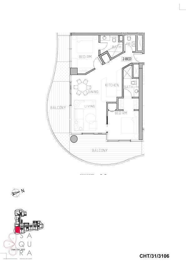 Grundriss einer 2-Zimmer-Wohnung mit offenem Wohnbereich, zwei Bädern und Balkon.