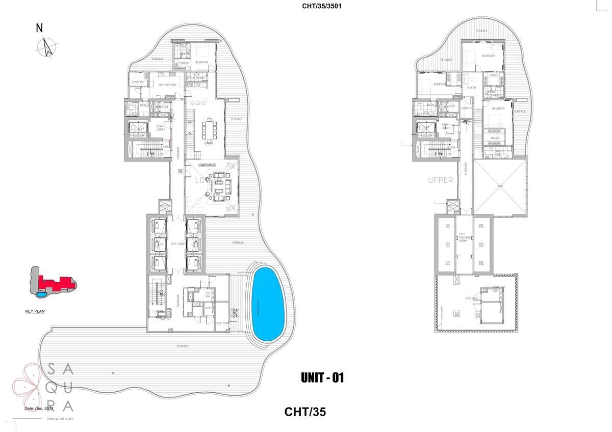Großzügiger Grundriss einer Luxuswohnung mit mehreren Schlafzimmern, großer Terrasse und privatem Pool.