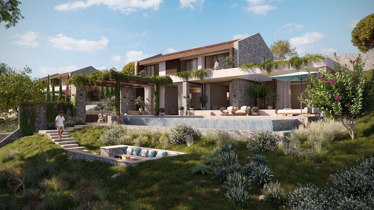 Moderne Villa mit Infinity-Pool, Terrassen und üppiger mediterraner Bepflanzung in Hanglage.