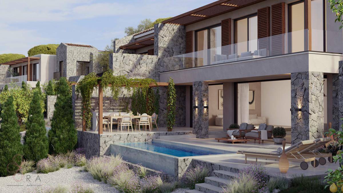 Moderne Villa mit Steinverkleidung, Pool und überdachter Terrasse in mediterraner Umgebung.
