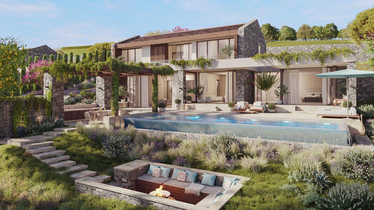 Luxuriöse Villa mit Infinity-Pool, Feuerstelle und weitläufigen Gärten in mediterraner Landschaft.