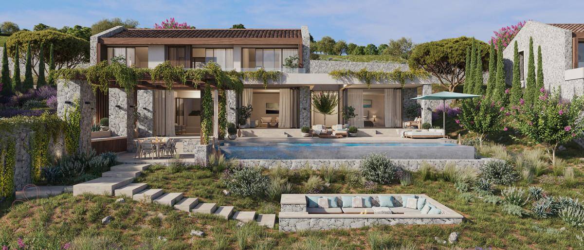 Elegante Villa mit Steinmauern, Infinity-Pool und Terrassen in einer grünen Hügellandschaft.