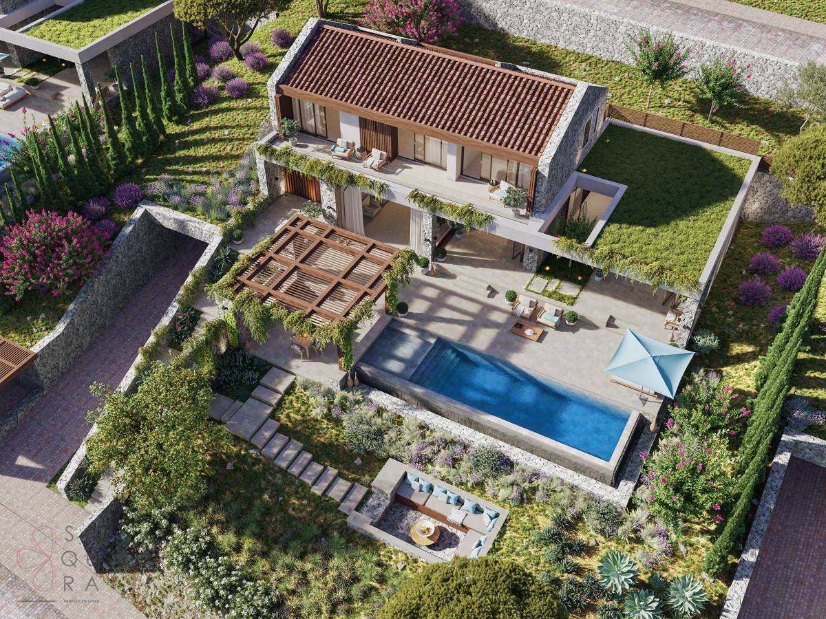 Vogelperspektive einer modernen Villa mit Pool, Dachterrasse und gepflegtem Gartenbereich.