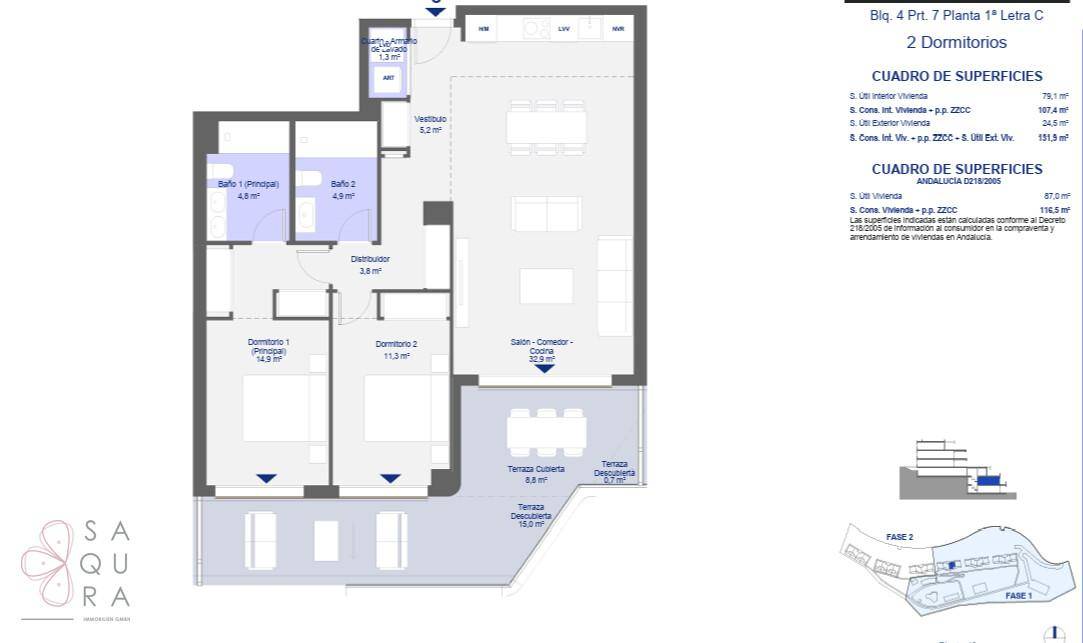 Grundriss einer Wohnung mit zwei Schlafzimmern, zwei Bädern und offenem Wohnbereich mit großer Terrasse.