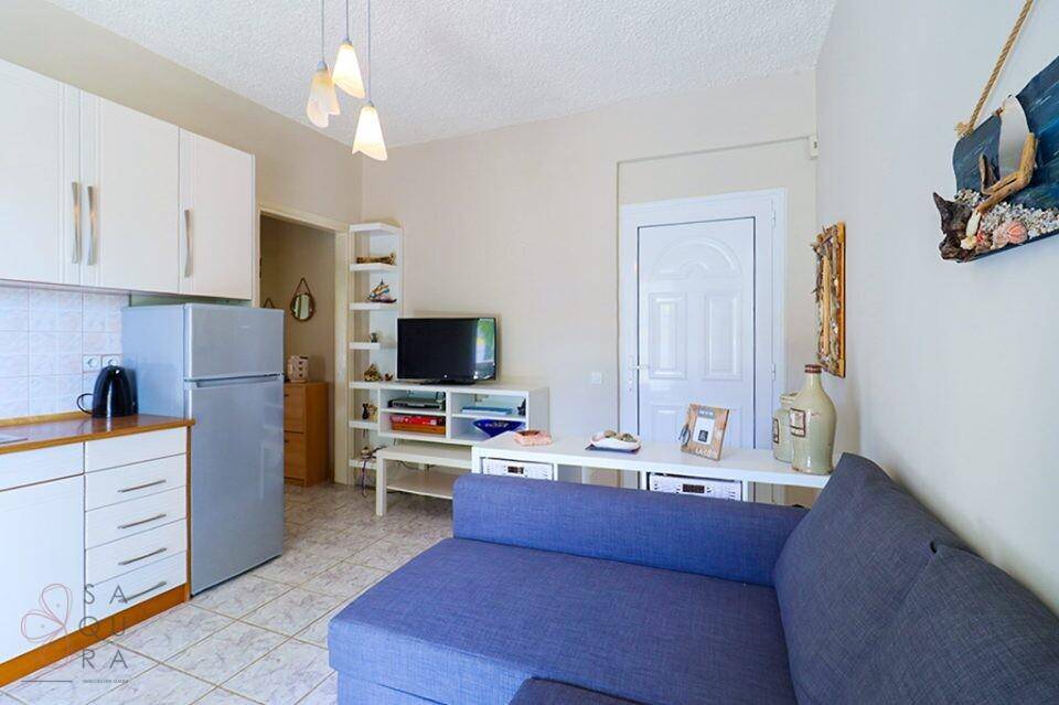 Gemütlicher Wohnbereich mit blauem Sofa, Fernseher und Blick auf die Eingangstür.