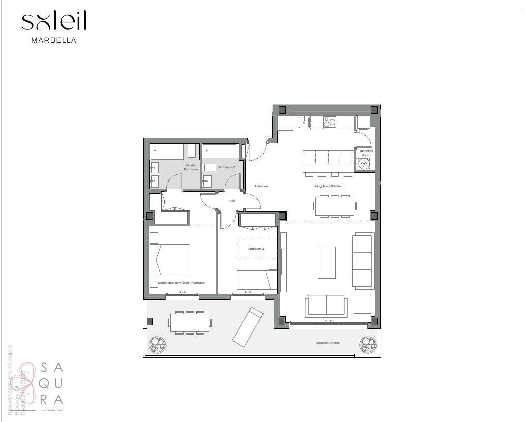 Grundriss einer Wohnung mit drei Schlafzimmern, zwei Bädern und großzügiger Terrasse.