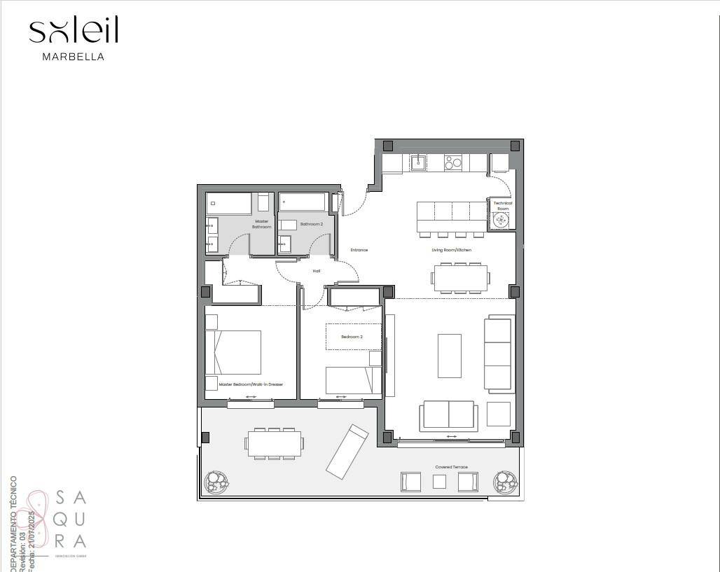 Grundriss einer Wohnung mit drei Schlafzimmern, zwei Bädern und großer Terrasse.