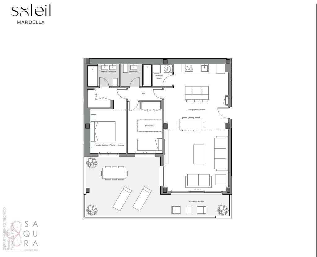 Grundriss einer Wohnung mit drei Schlafzimmern, zwei Bädern und großer Terrasse.