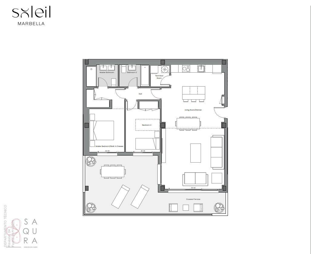 Grundriss einer Wohnung mit zwei Schlafzimmern, zwei Bädern und großer überdachter Terrasse.