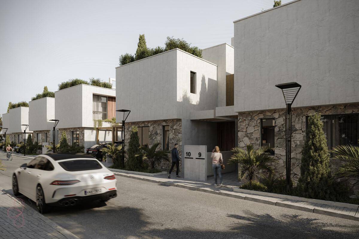 Moderne Wohnanlage mit zeitgenössischer Architektur, Flachdächern und gepflegten Außenbereichen.