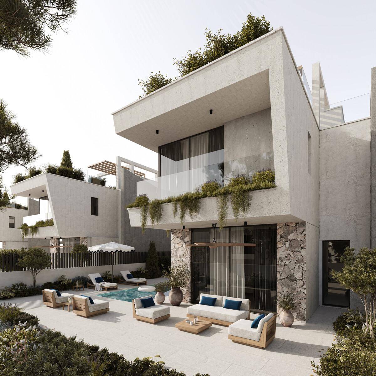 Moderne Villa mit privatem Pool, großzügiger Terrasse und eleganter Glasfassade.
