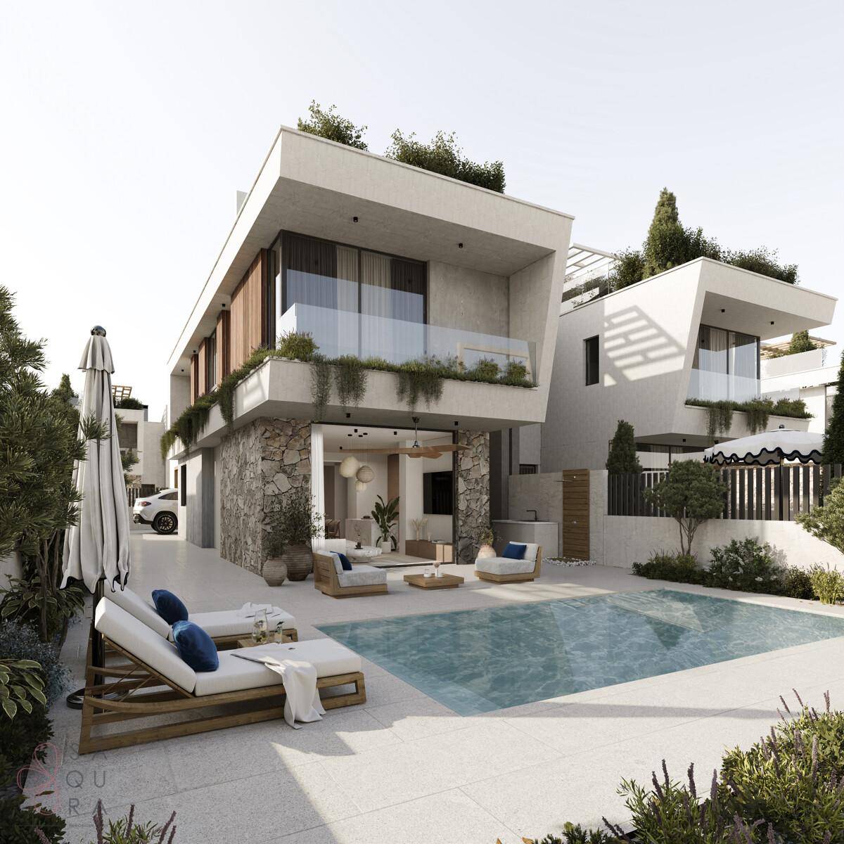 Moderne Villa mit privatem Pool, großzügiger Terrasse und üppiger Bepflanzung im stilvollen Außenbereich.