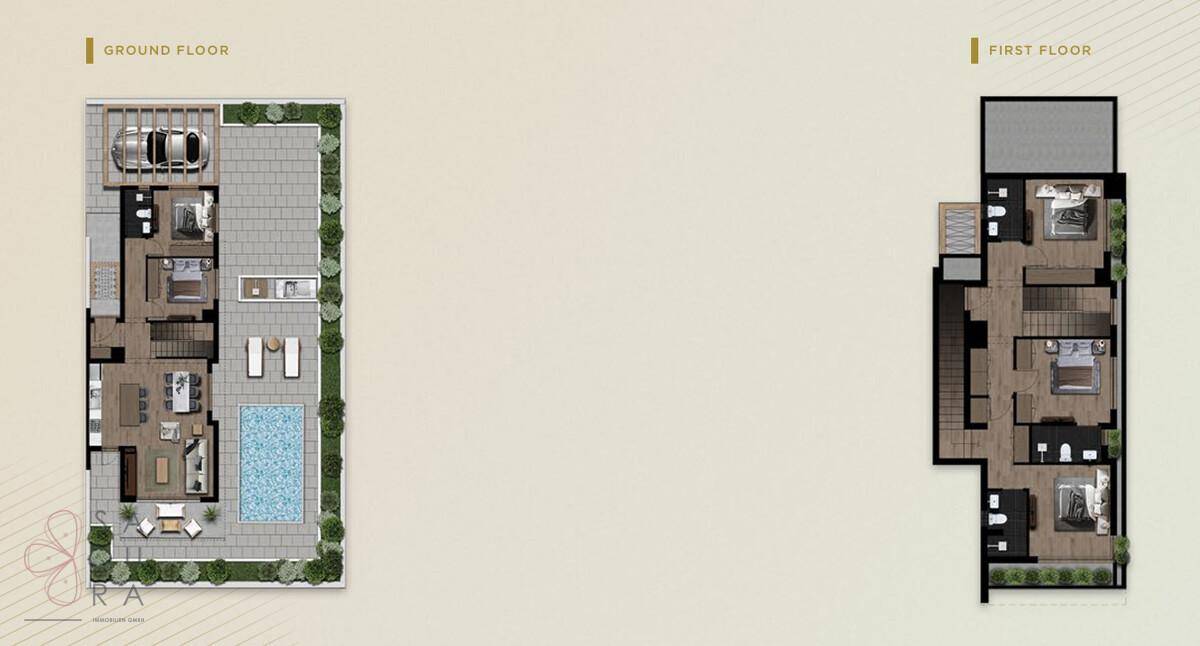 Grundriss des Erdgeschosses und des ersten Stocks mit Garage, Pool und mehreren Schlafzimmern.