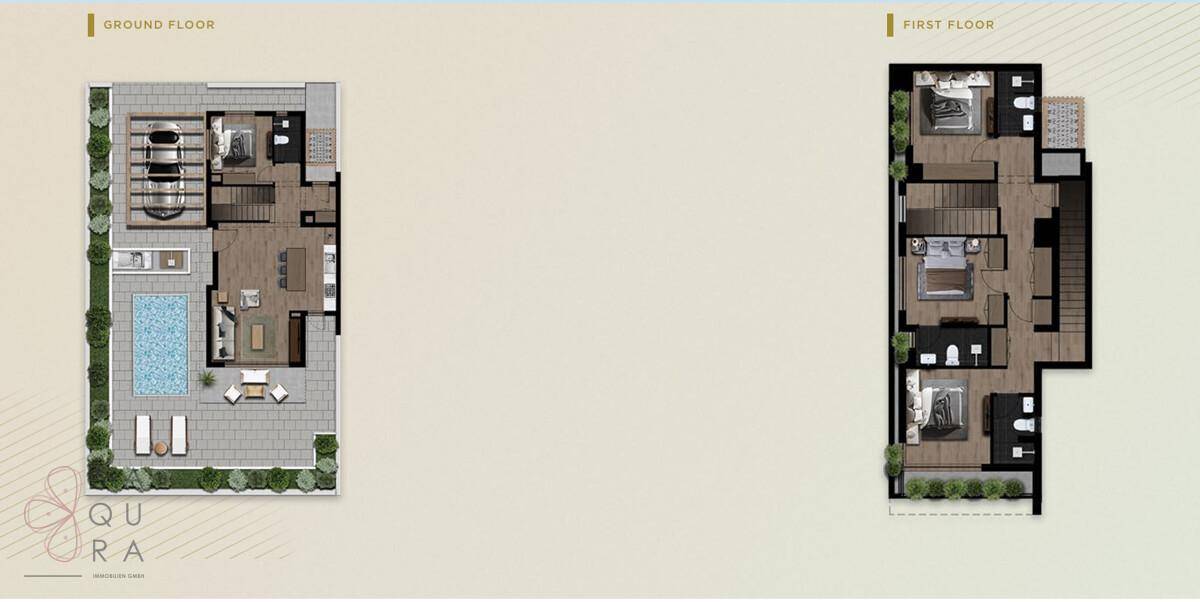 Grundrisspläne für Erdgeschoss und erstes Obergeschoss einer modernen Villa.