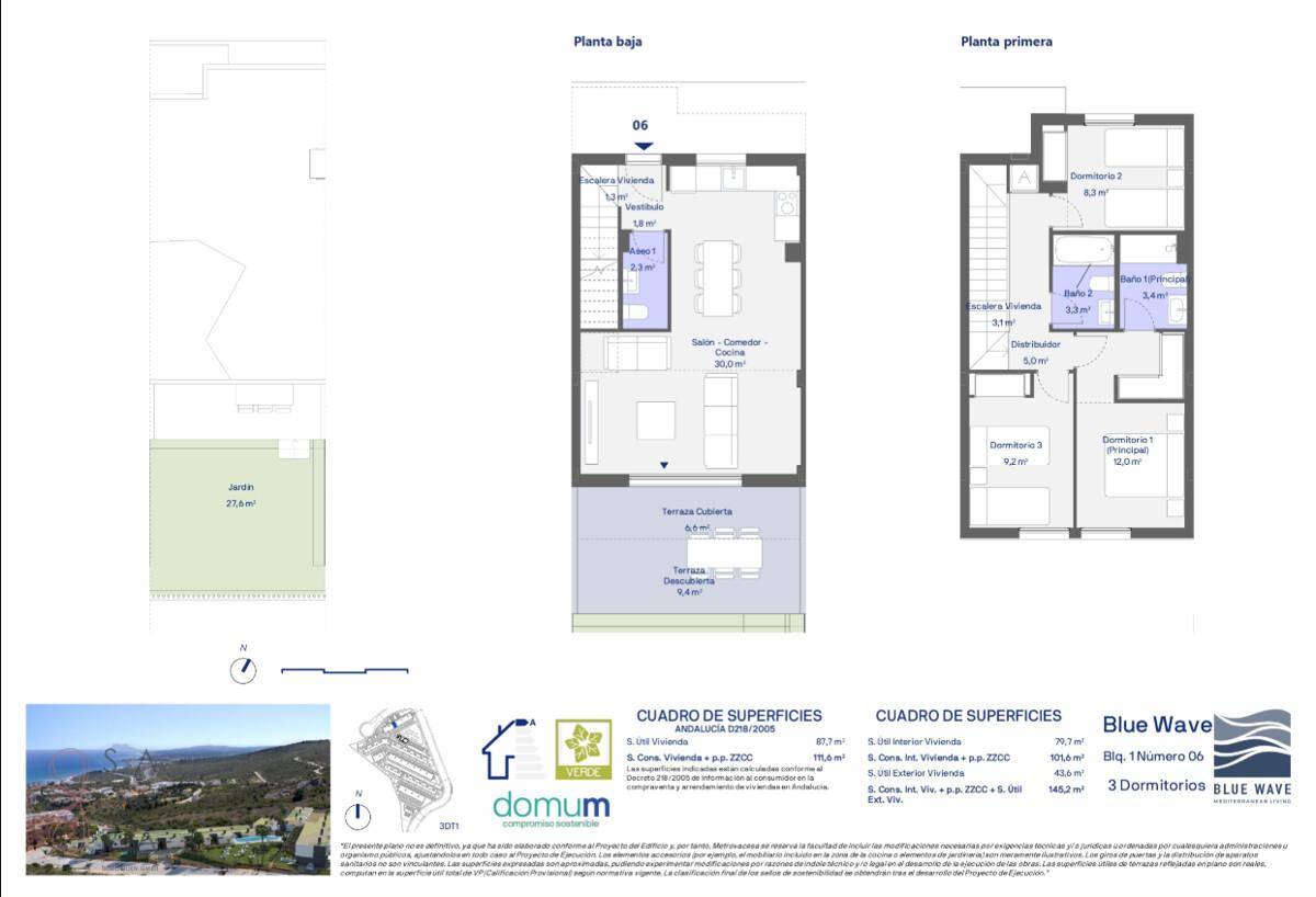 Grundriss einer Wohnung mit zwei Etagen, Terrasse, Garten und Meerblick.