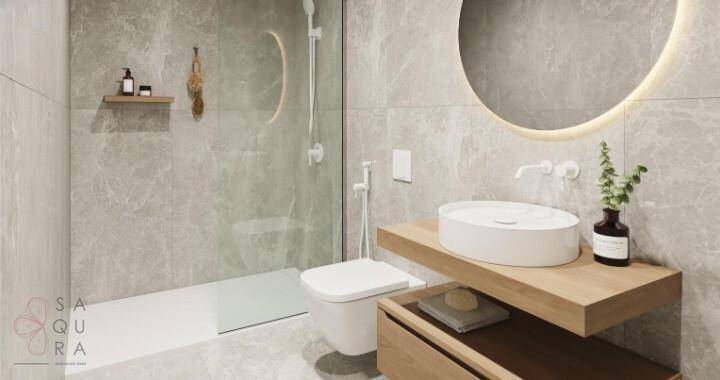 Modernes Badezimmer mit großformatigen Fliesen, begehbarer Dusche und schwebendem Waschtisch.