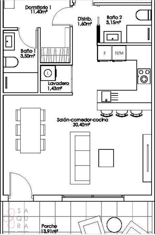 Grundriss einer Wohnung mit zwei Schlafzimmern, zwei Bädern und offenem Wohnbereich.